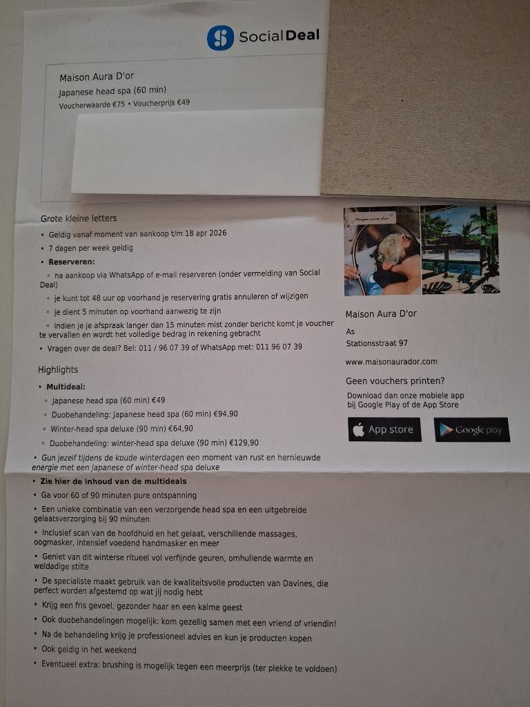 Maison Aura D'or. (voucher), Tickets en Kaartjes, Kortingen en Cadeaubonnen, Eén persoon, Spa of Sauna, Cadeaubon