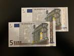 2x €5,- Trichet - Nederland (P) - oplopende nummers UNC!!, Postzegels en Munten, Bankbiljetten | Europa | Eurobiljetten, Ophalen of Verzenden
