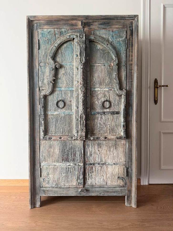 Unieke Indiase kast-oude tempeldeuren, handgesneden massief, Huis en Inrichting, Woonaccessoires | Kamerschermen, Zo goed als nieuw