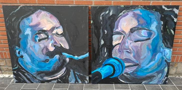 2 schilderijen van muzikanten (door kunstenares 9 van Eeklo), Antiek en Kunst, Kunst | Schilderijen | Modern, Ophalen of Verzenden