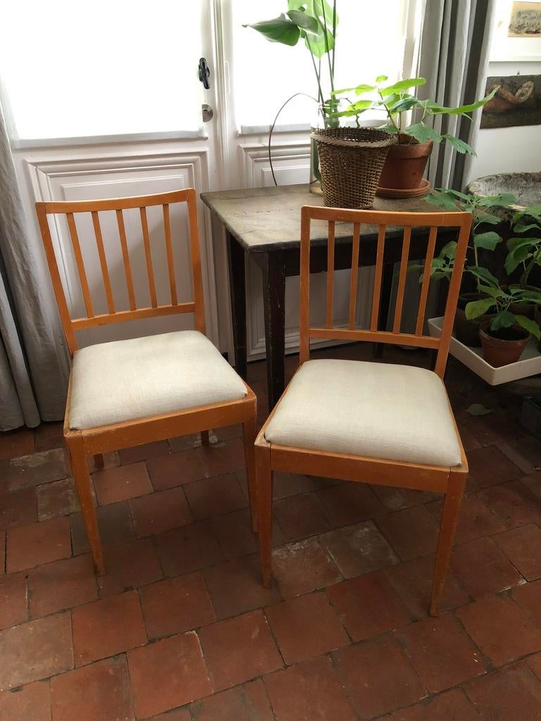 ANTIEKE STOELEN SPIJLENSTOEL MET LINNEN ZIT ZWEEDS, Maison & Meubles, Chaises, Utilisé, Deux, Bois, Enlèvement