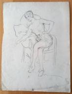 A493-27 Oude tekening Vrouw in Lingerie achterkant aquarel, Ophalen of Verzenden