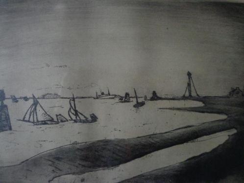 gestyleerde ets Walter Stevens Boten op de Schelde, Antiek en Kunst, Kunst | Etsen en Gravures, Ophalen of Verzenden