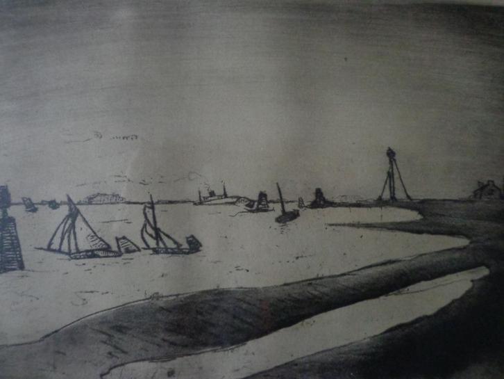 gestyleerde ets Walter Stevens Boten op de Schelde, Antiek en Kunst, Kunst | Etsen en Gravures, Ophalen of Verzenden