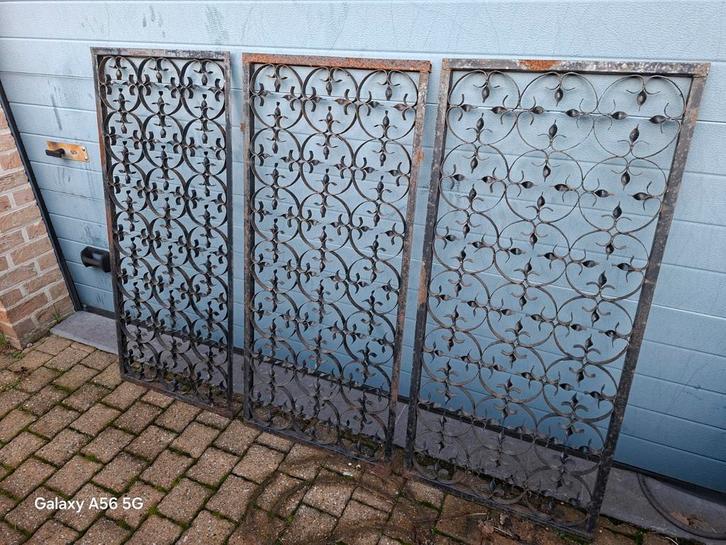 Set van 3 antieken smeedijzeren panelen/raamtralies, Antiquités & Art, Curiosités & Brocante, Enlèvement