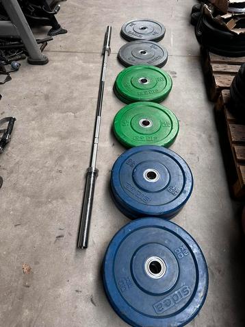 140kg Gekleurde Sidea Bumperplates + Olympische Barbell disponible aux enchères