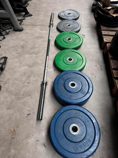 140kg Gekleurde Sidea Bumperplates + Olympische Barbell, Sports & Fitness, Équipement de fitness, Utilisé, Plaques d'haltères