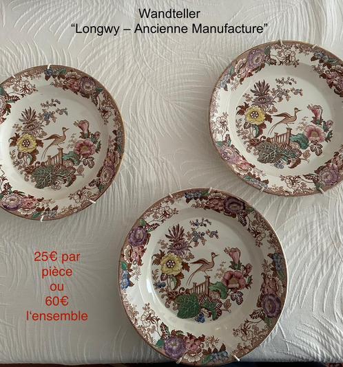 3 wandplaten „Longwy — Ancienne Manufacture”, Antiek en Kunst, Antiek | Servies los, Ophalen of Verzenden