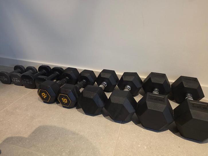 Haltersets (15 kg, 12,5 kg, 10 kg, 5kg, 3kg), Sport en Fitness, Fitnessmaterialen, Zo goed als nieuw, Dumbbell, Armen, Benen, Borst