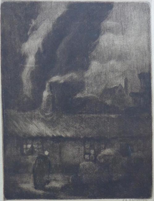 RENE LOMBAERTS / VROUW BIJ HOEVE / ZW-W ETS / 41x31cm / SIG, Antiek en Kunst, Kunst | Etsen en Gravures, Ophalen of Verzenden