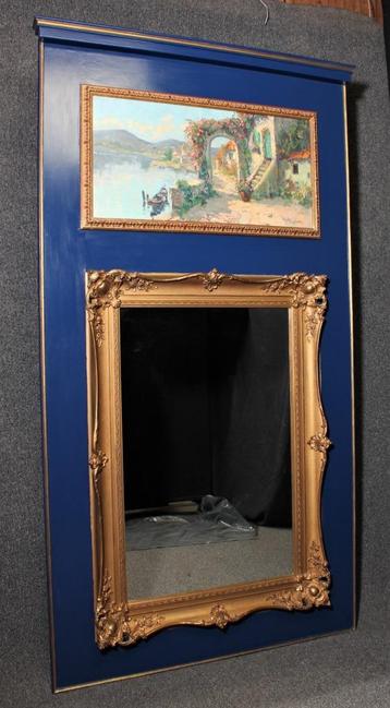 Grand miroir de cheminée bleu avec peinture campagnarde ital