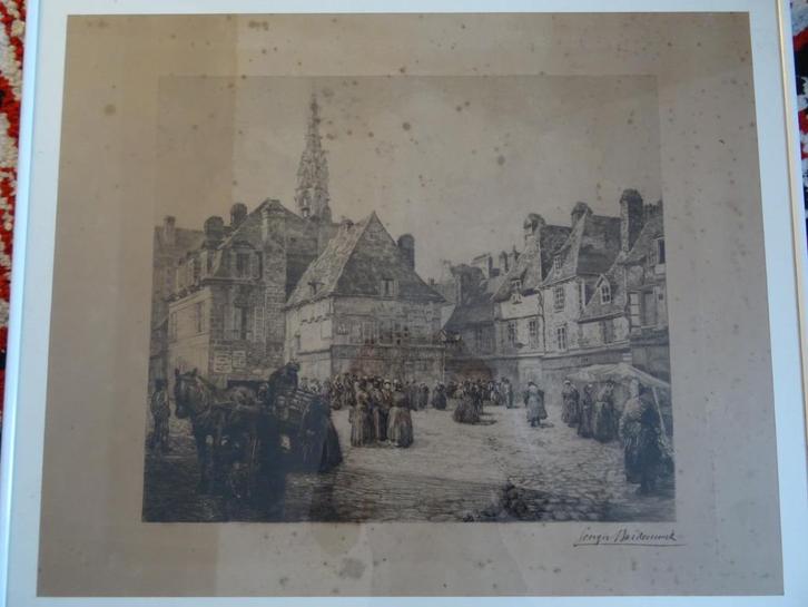 Gravure Place Terne-au-Duc in Quimper GEORGES MAUDEMOUK, Antiek en Kunst, Kunst | Etsen en Gravures, Ophalen of Verzenden