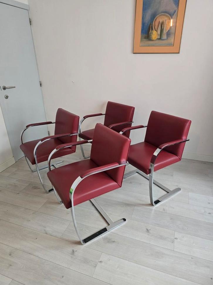 Ludwig Mies Van Der Rohe Knoll Studio stoelen 4, Huis en Inrichting, Stoelen, Gebruikt, Vier, Leer, Metaal, Ophalen