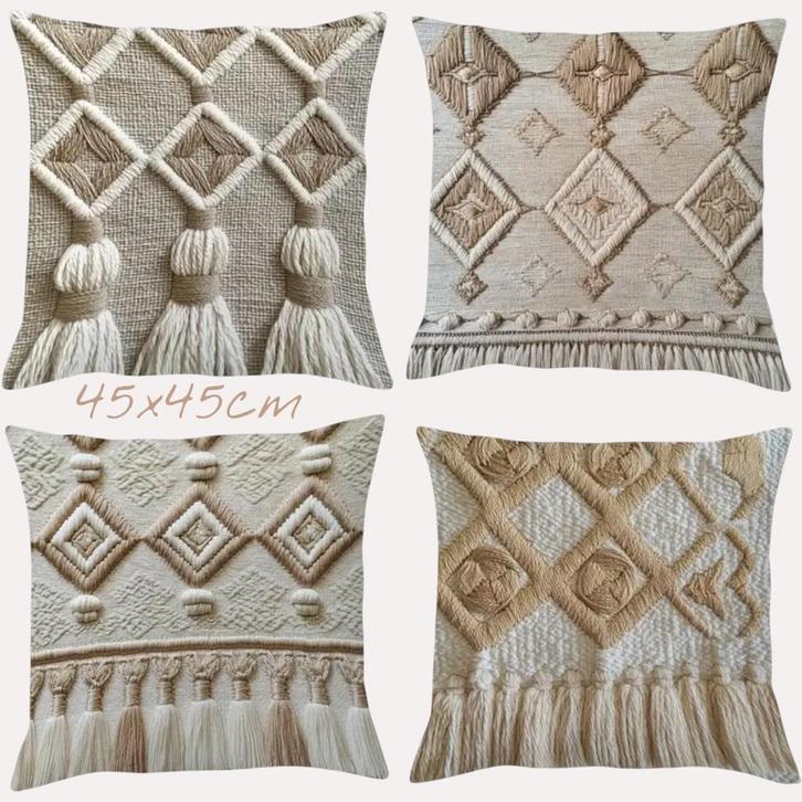 4x kussenhoezen macrame opdruk grijs bruin 45x45cm, Huis en Inrichting, Woonaccessoires | Kussens, Nieuw, Beige, Vierkant, Verzenden