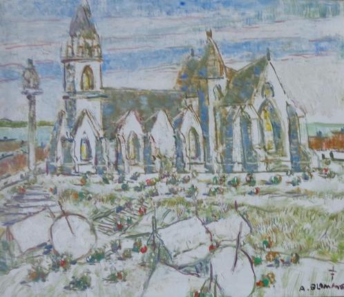 ALFONS BLOMME / KERK IN BRETAGNE / OLIEVERF / 79x89cm KADER, Antiquités & Art, Art | Peinture | Moderne, Enlèvement