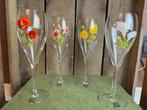 4 vintage champagne glazen met handgeschilderd bloemen, Overige typen, Ophalen of Verzenden, Zo goed als nieuw