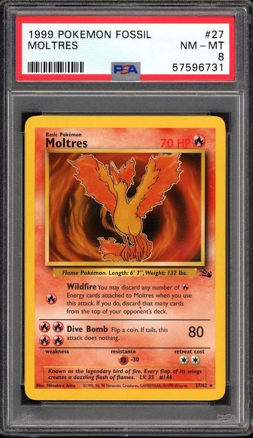 Moltres PSA 8 - 27/62 - Fossil 1999, Hobby en Vrije tijd, Verzamelkaartspellen | Pokémon, Zo goed als nieuw, Losse kaart, Verzenden