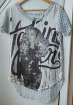 Satijnen stretch T-shirt met pailletten large., Made in Italy, Blauw, Maat 42/44 (L), Ophalen of Verzenden