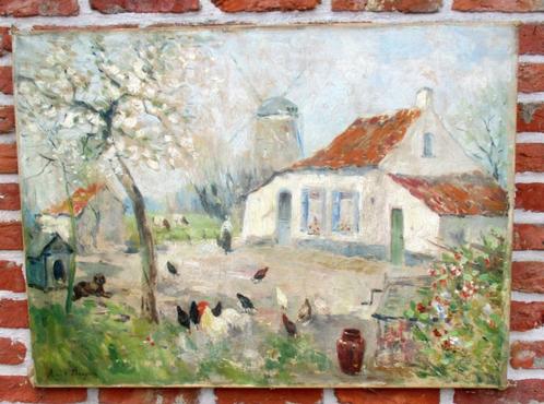 Réne De Baugnies ( 1869 - 1962 )  Op het erf, Antiek en Kunst, Kunst | Schilderijen | Klassiek, Ophalen of Verzenden