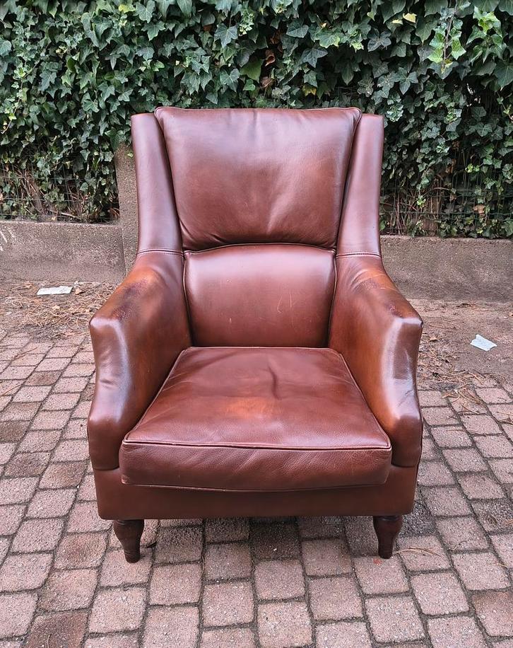 Oude Vintage Fauteuil Lederen Bekleding Mooie Patina, Antiek en Kunst, Antiek | Meubels | Stoelen en Sofa's, Ophalen
