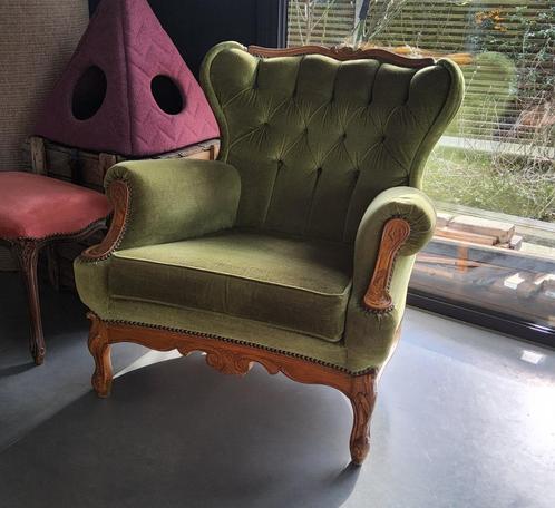 Vintage velours antieke retro groene eenzit / fauteuils, Huis en Inrichting, Fauteuils, Gebruikt, Hout, Stof, Overige materialen