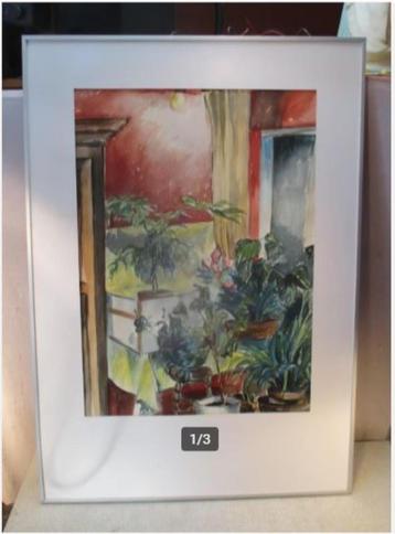 Mooi Geschilderd Aquarel 'Bloemen bij het Raam' - Grieten K beschikbaar voor biedingen