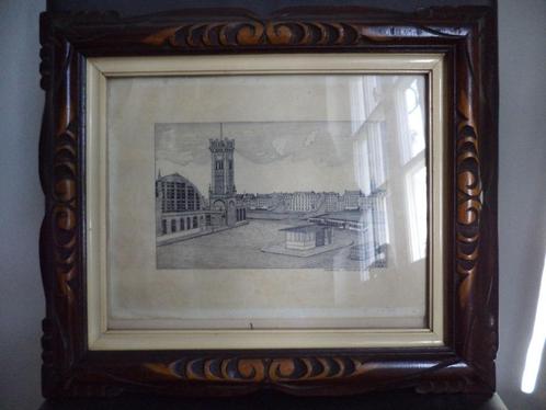 1947 Oostende inkttekening gesigneerd het oude station, tram, Antiek en Kunst, Kunst | Schilderijen | Klassiek, Ophalen of Verzenden