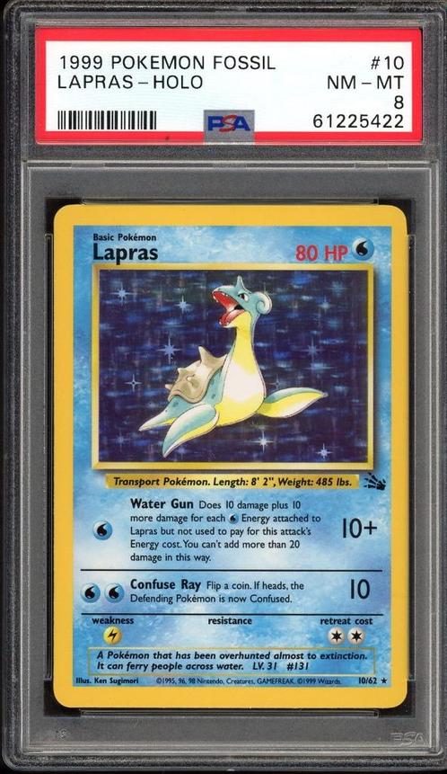 Lapras Holo PSA 8 - 10/62 - Fossil 1999, Hobby en Vrije tijd, Verzamelkaartspellen | Pokémon, Zo goed als nieuw, Losse kaart, Foil