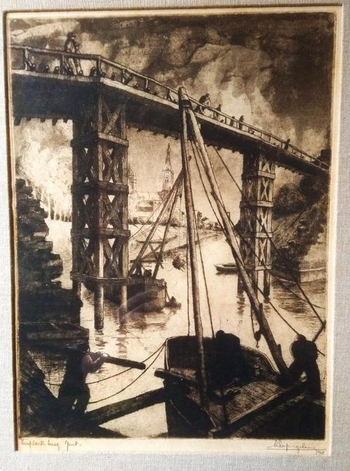 GENT TER PLAETENBRUG noodbrug 1940 ets ROBERT DESPIEGELAERE, Antiek en Kunst, Kunst | Etsen en Gravures, Ophalen