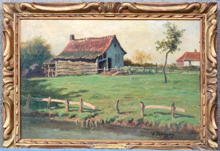 Schilderij van schuur in weiland van Charles Tschaggeny, Antiek en Kunst, Kunst | Schilderijen | Klassiek, Ophalen