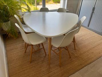 Tafel met 4 stoelen en cocos tapijt.
