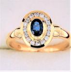 18 kt geel gouden ring met Saffier en Diamanten, Ophalen of Verzenden, Zo goed als nieuw, Geel