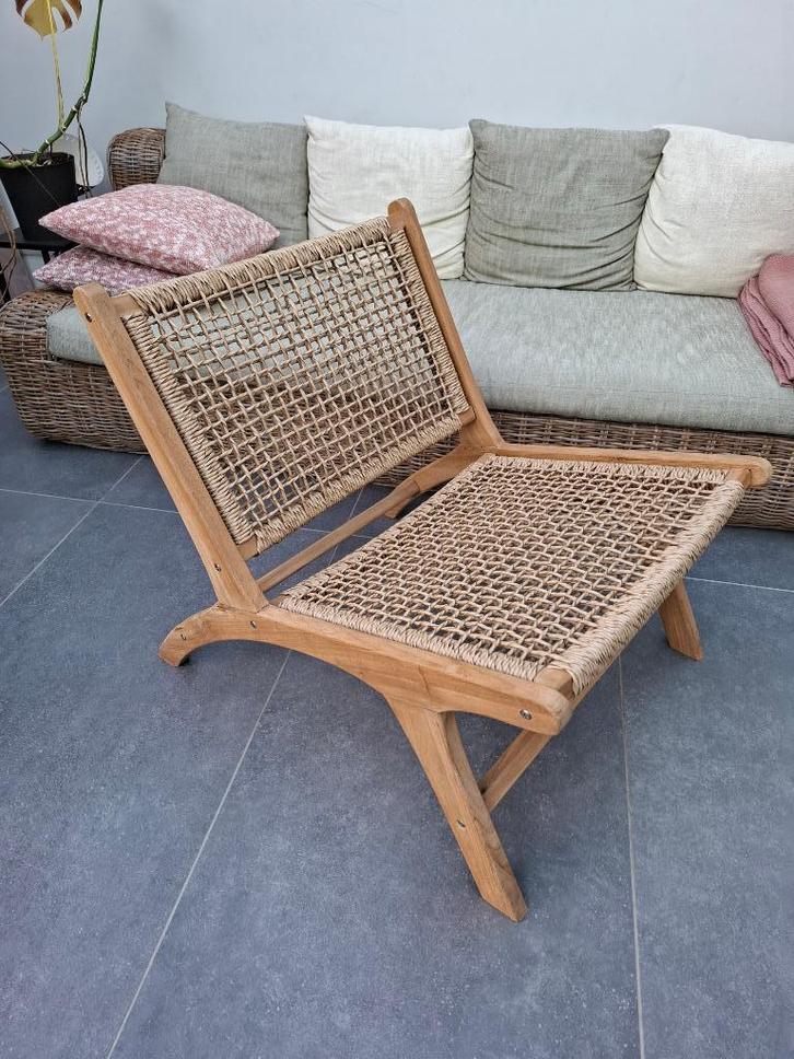 Fauteuil ethnique en cannage et teck, Huis en Inrichting, Fauteuils, Zo goed als nieuw, Hout, Riet of Rotan, 50 tot 75 cm, 75 tot 100 cm