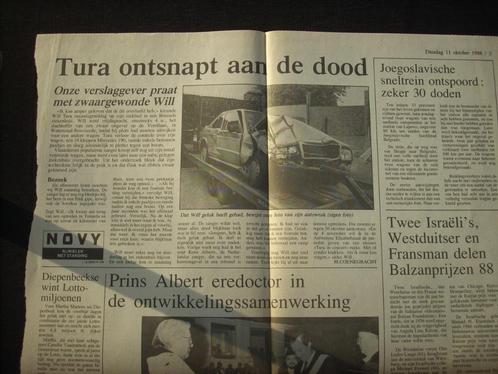 krantenartikel Will Tura ongeval 1988, Verzamelen, Tijdschriften, Kranten en Knipsels, Ophalen of Verzenden