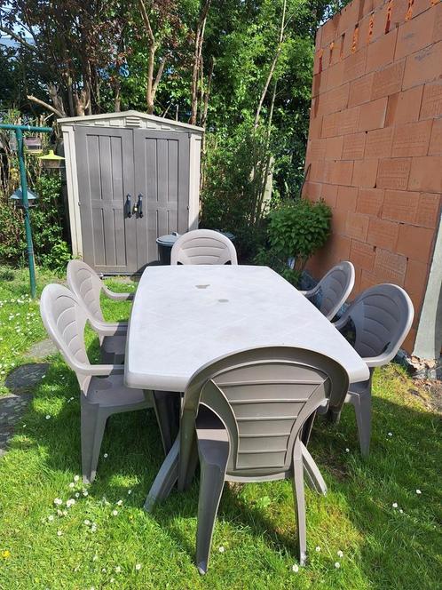 Cappuccino Tafel + 6 stoelen + graniet halve parasolvoet, Tuin en Terras, Tuinsets en Loungesets, Gebruikt, Tuinset, Kunststof