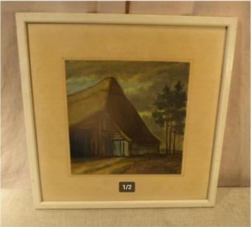 Mooi Oud Geschilderd Aquarel 'Schuur en Bomen'- M Vaes beschikbaar voor biedingen