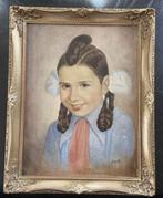 antiek portret schilderij meisje bijzondere haartooi, Ophalen of Verzenden