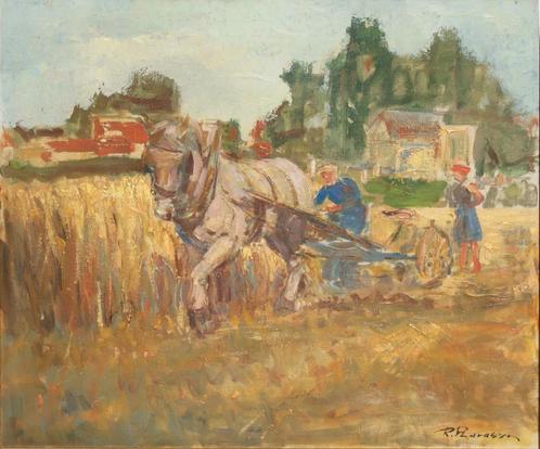 Raoul Pharasyn (1908-1991): Ploegende boer (O/D, 68 x 58 cm), Antiek en Kunst, Kunst | Schilderijen | Klassiek, Verzenden