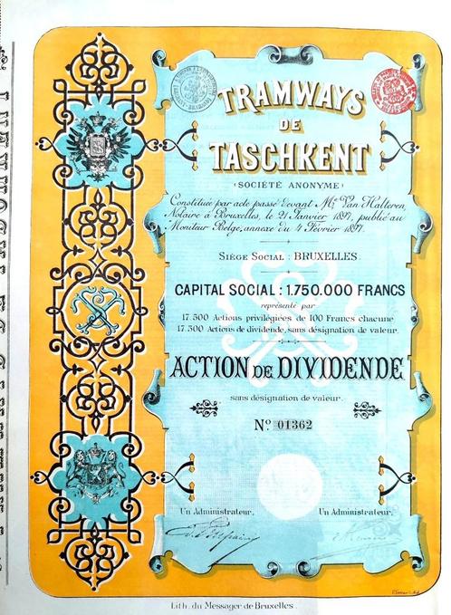 Tramways of Tashkent (Oezbekistan) 1897, Postzegels en Munten, Aandelen en Waardepapieren, Aandeel, Voor 1920, Ophalen of Verzenden