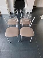 4 stoelen met metalen frame en lederlook zitting in taupe, Huis en Inrichting, Stoelen, Ophalen, Gebruikt, Bruin, Metaal