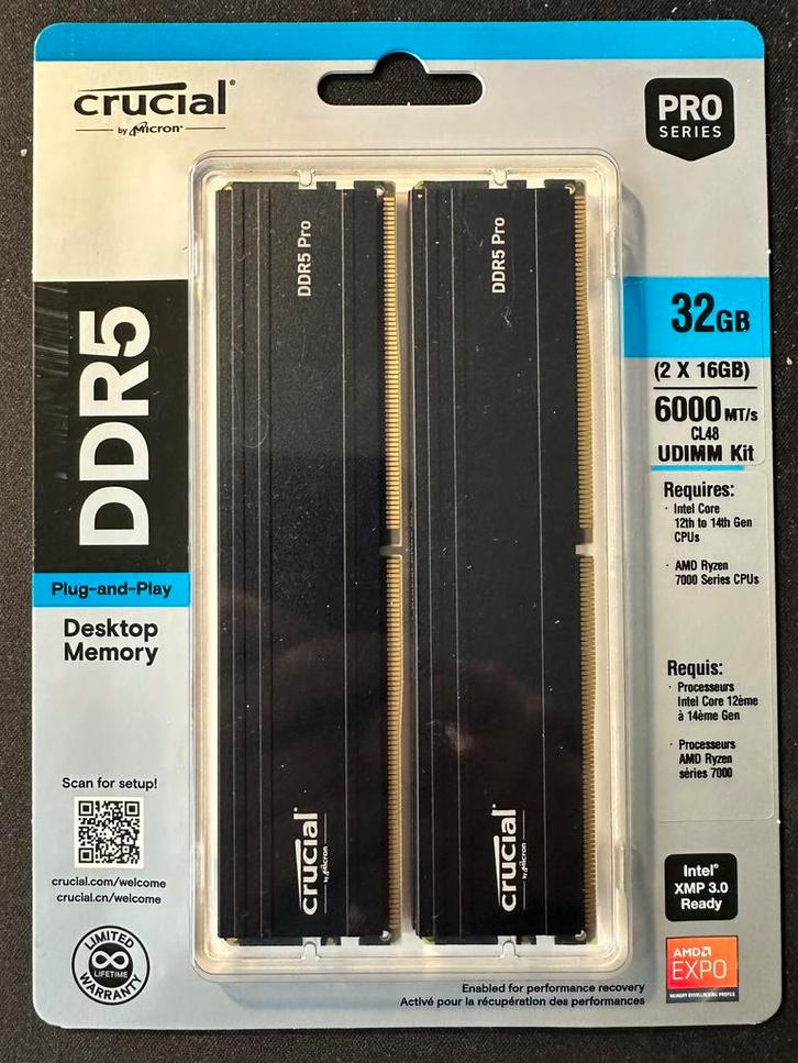 DDR5 Crucial Pro 32 GB (2x16 GB) 6000 MT/s, Informatique & Logiciels, Mémoire RAM, Neuf, Desktop, 32 GB, DDR5, Enlèvement ou Envoi
