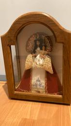Maria en kind in glazen kastje omkaderd met hout, Antiek en Kunst, Antiek | Religieuze voorwerpen, Ophalen