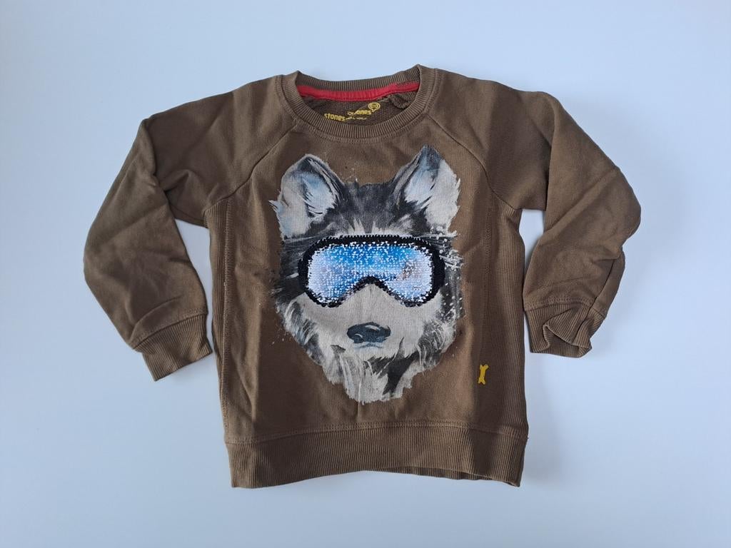 Mt 104 Bruine sweater met hond en pailletten skibril, Kinderen en Baby's, Trui of Vest, Ophalen of Verzenden, Zo goed als nieuw