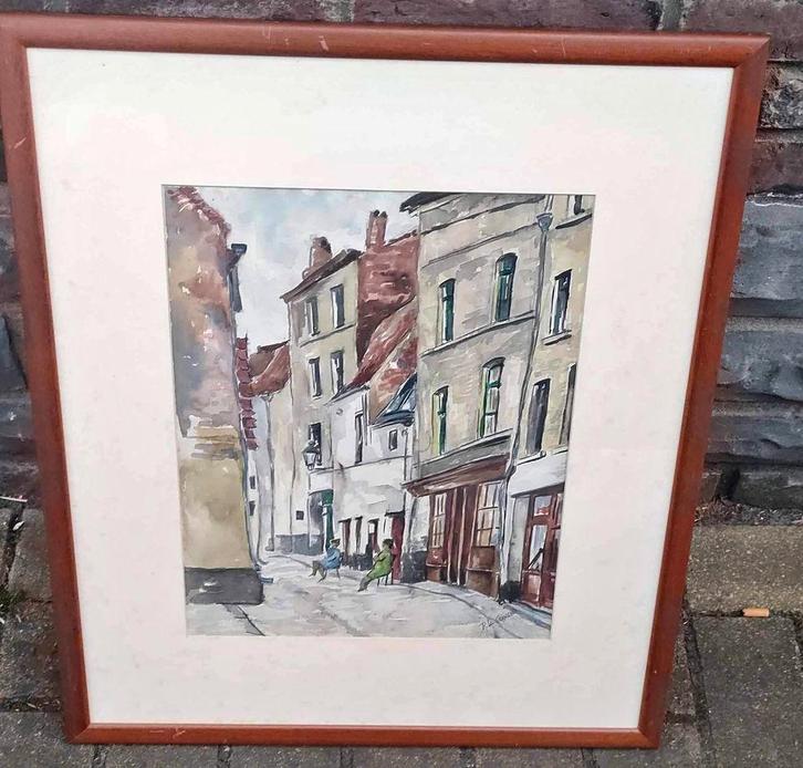 Aquarelle rue du pays de liège 1967 signe Roger la grange, Antiquités & Art, Art | Peinture | Classique, Enlèvement ou Envoi