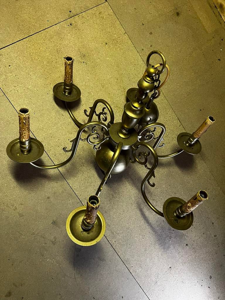 Lustre en laiton à 6 bras - vintage - projet de rénovation, Maison & Meubles, Lampes | Lustres, Utilisé, Autres matériaux, Enlèvement ou Envoi