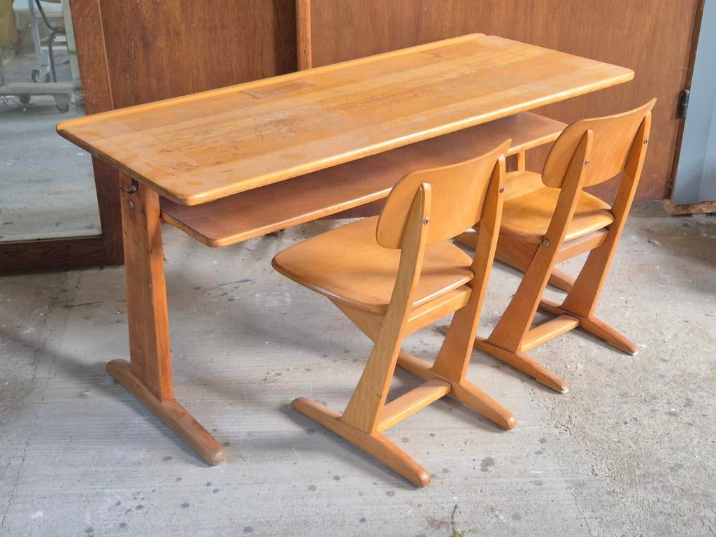 Vintage 60s schoolbank met bijhorende stoeltjes, 120 cm, 50 cm, Vintage, Enlèvement