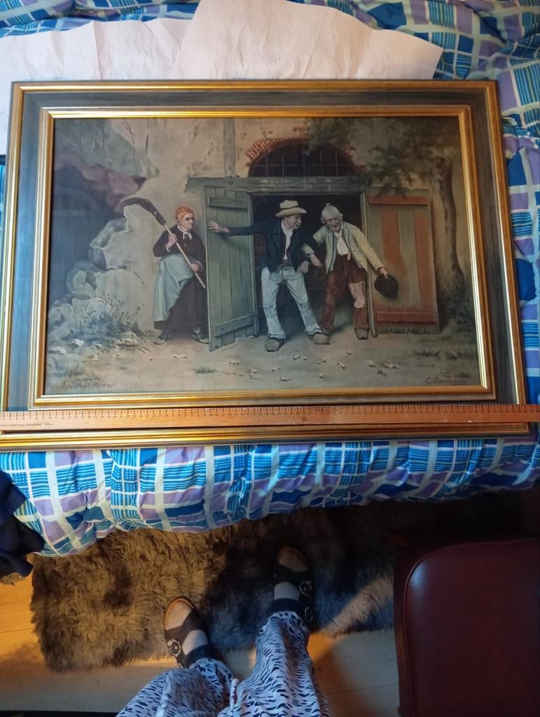 Grand tableau décoratif vintage avec cadre doré – scène rust, Ophalen