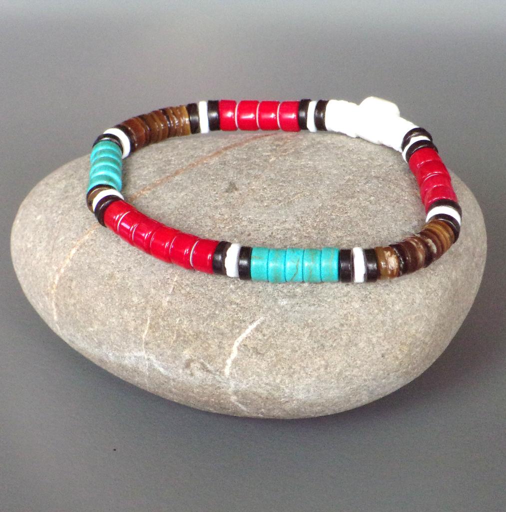 Indiaanse armband man of vrouw in koraal en turkoois Surfer, Handtassen en Accessoires, Armbanden, Nieuw, Elastiek, Rood, Met bedels of kralen
