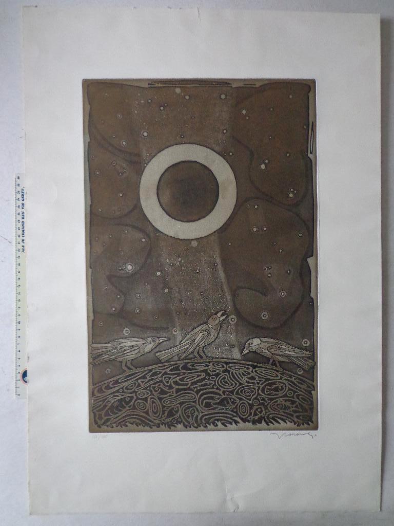 Ets (aquatint) van Francesco Casorati "Vogeltjes", Ophalen of Verzenden