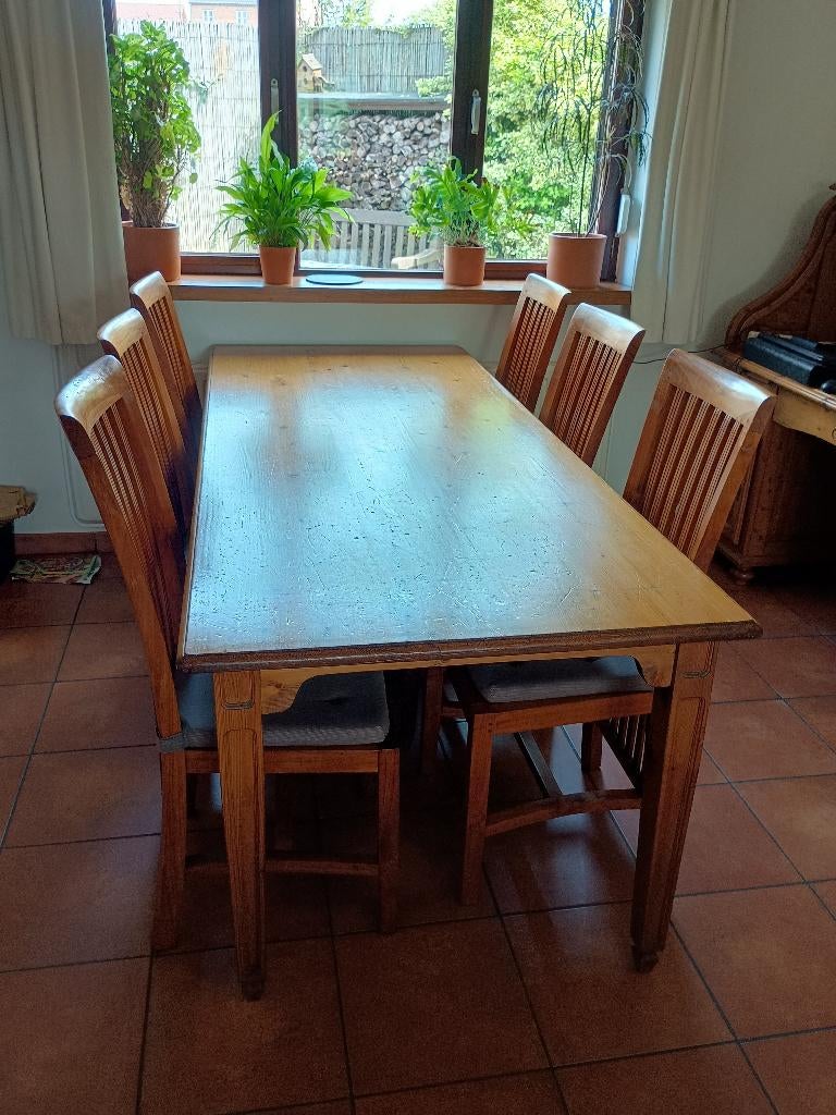 Grote antiek grenen eettafel met 6 teakhouten stoelen, Huis en Inrichting, Tafels | Eettafels, Ophalen, Gebruikt, Grenen, 200 cm of meer